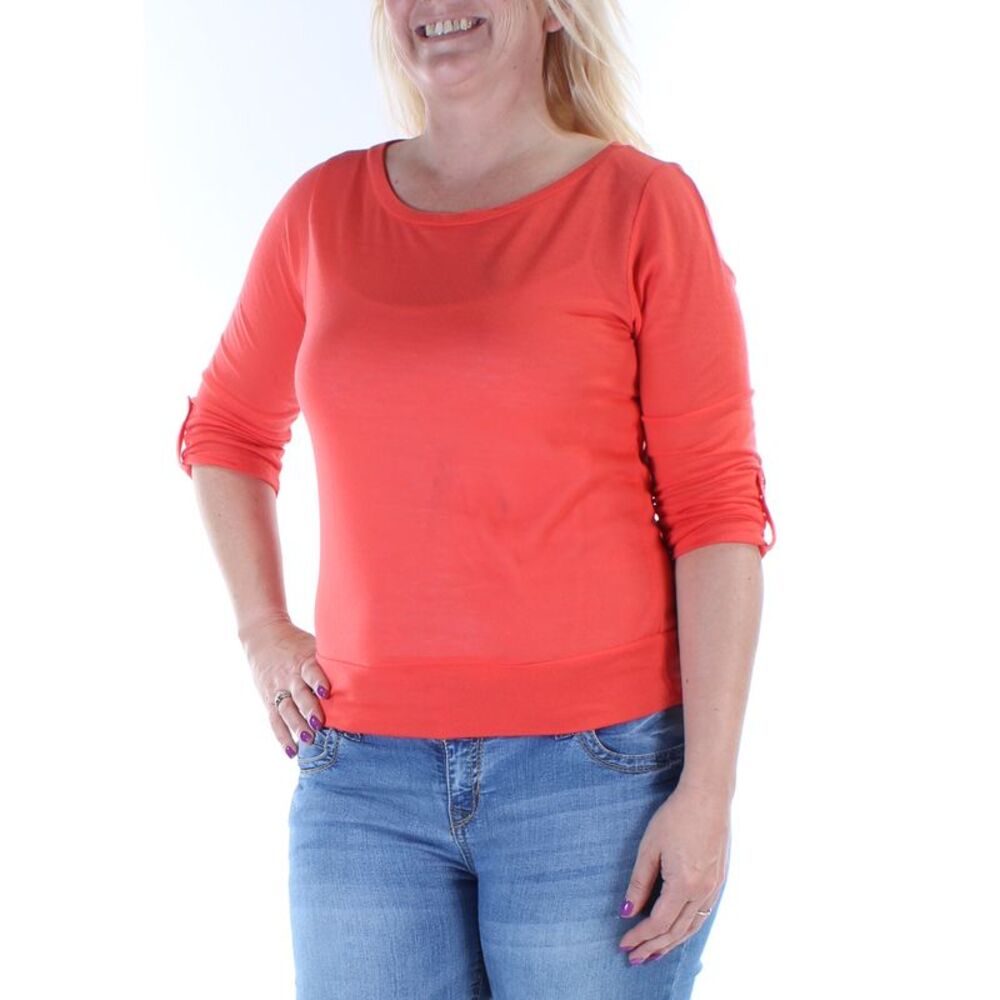 COLOR STORY Womens Orange Sheer 3/4 Sleeve Scoop Neck Top Size: L